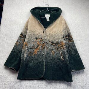 VTG White Stag Fall Leaf Landscape AOP Hooded Fleece Coat Nature Wom Sz M 32/34